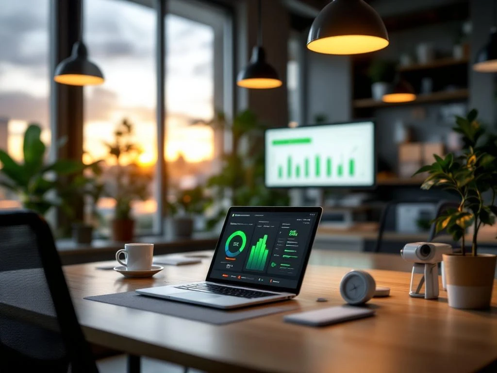 Een laptop toont een energiemonitoring-dashboard van Energy Check op een duurzame kantoorwerkplek bij zonsondergang.
