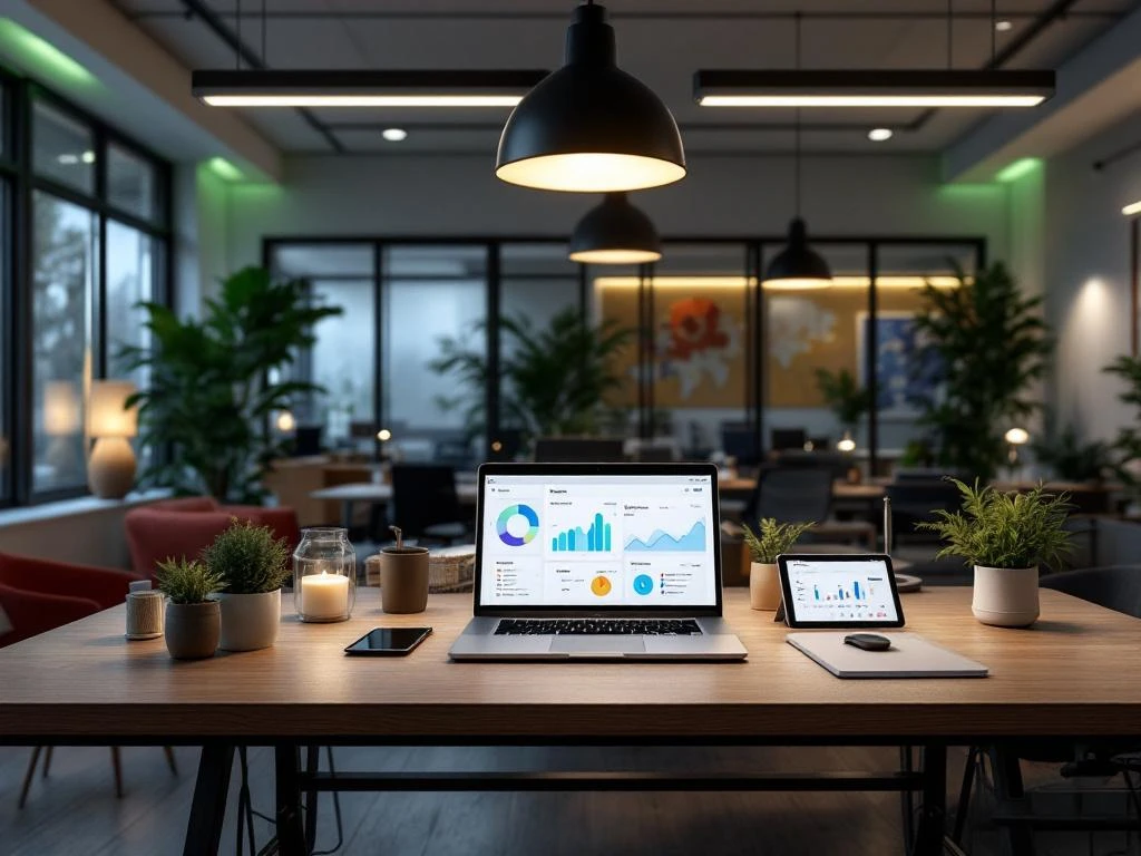 Een duurzaam ingerichte kantoorruimte van Energy Check met een laptop en tablet die energiemonitoring grafieken tonen.