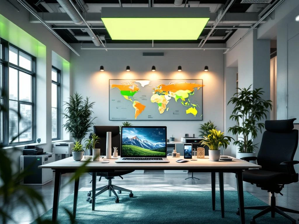 Modern kantoor van Energy Check met duurzame LED-verlichting, een wereldkaart aan de muur en een bureau met een laptop en planten.