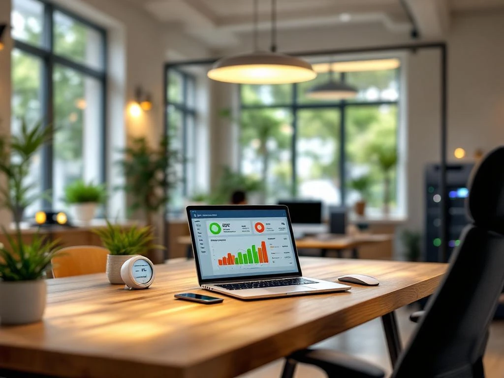 Een moderne kantoorruimte met een laptop die energiemonitoringssoftware toont, omgeven door groene planten.