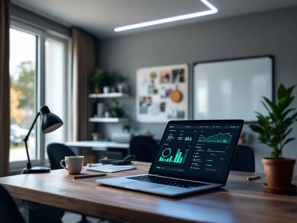 Laptop met Energy Check dashboard voor energiemonitoring op een moderne, duurzame kantoorwerkplek.