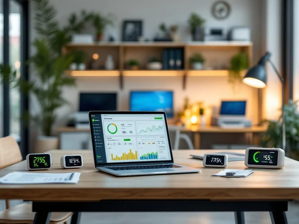 Een laptop op een moderne werkplek toont een energiemonitoring-dashboard van Energy Check, omringd door energieverbruik-meetapparaten in een duurzaam kantoor.