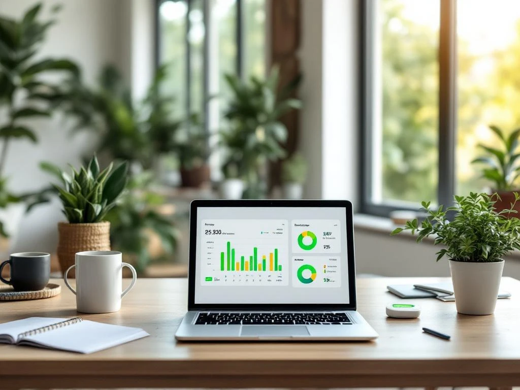Laptop met een Energy Check dashboard voor energiemonitoring in een duurzaam ingericht kantoor met veel planten.