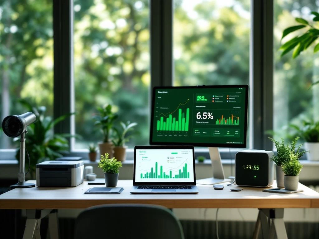 Een modern kantoor met een laptop en monitor die een energie-dashboard van Energy Check tonen, omringd door planten en een groot raam.