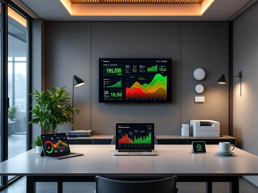 Kantoorruimte met Energy Check dashboards die duurzaam energieverbruik monitoren op een muur- en laptopscherm.