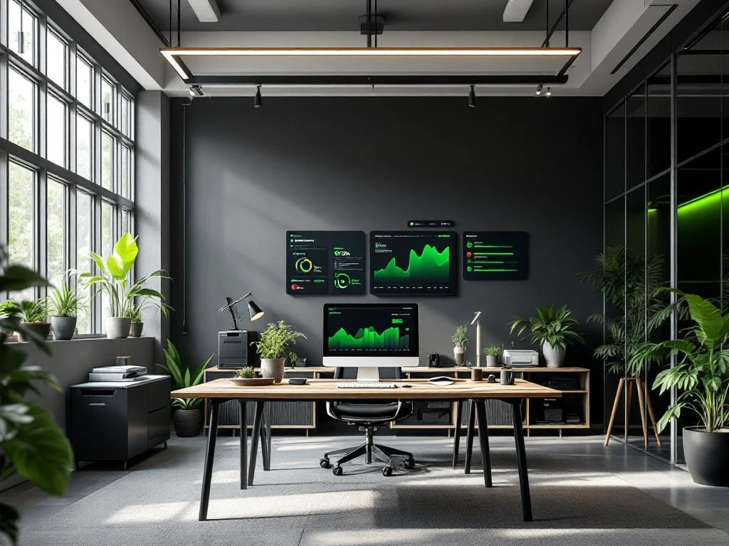 Een modern kantoor met een Energy Check dashboard voor energiemonitoring aan de muur, omgeven door groene planten en technologische apparatuur.