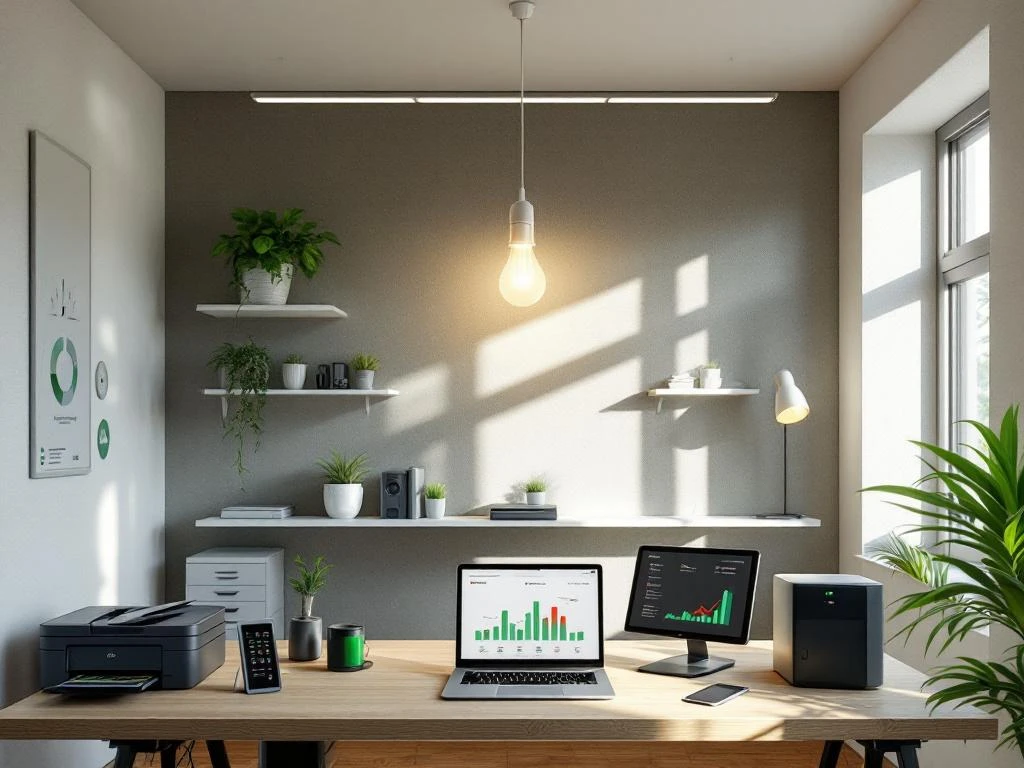 Een moderne werkplek met een laptop en monitor die energiemonitordashboards tonen, ingericht door Energy Check, met veel natuurlijke lichtinval en groene planten.