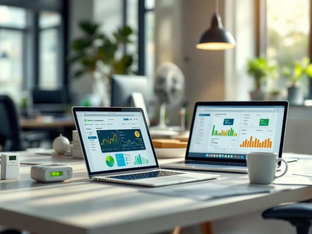 Twee laptops tonen energiemonitoring dashboards van Energy Check op een moderne en groene kantoorwerkplek.