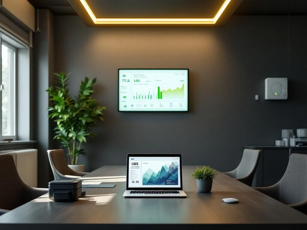 Een modern kantoor met Energy Check's duurzame energiedashboard op een scherm en een laptop met grafieken op de vergadertafel.