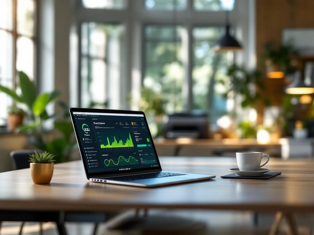 Een duurzaam kantoor met een laptop die een energiemonitoring-dashboard toont van Energy Check, omringd door groene planten.