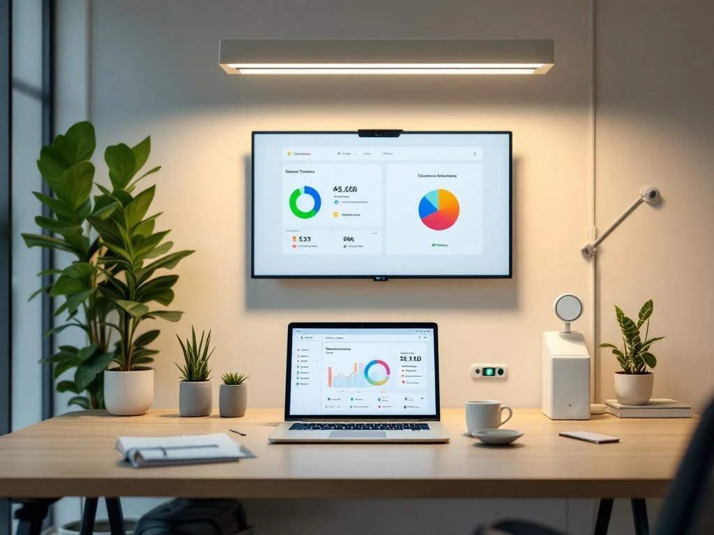 Een modern kantoor met een bureaublad waarop een laptop staat die een Energy Check dashboard met energiemonitoring toont, omgeven door planten en kantoorartikelen.