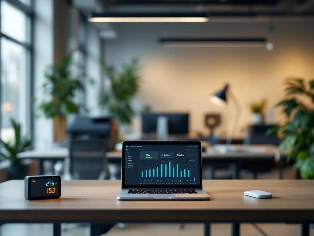 Een laptop op een bureau in een modern kantoor toont een energiemonitoring-dashboard van Energy Check, met naast een digitale klok die energiewaarden weergeeft.