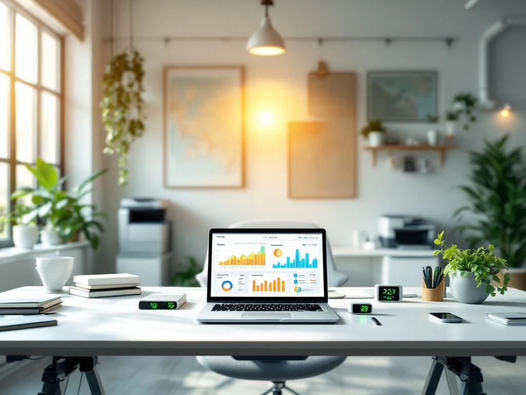 Een moderne en duurzame kantooromgeving van Energy Check met energie monitoringgegevens op een laptop, omringd door groen en LED-verlichting.