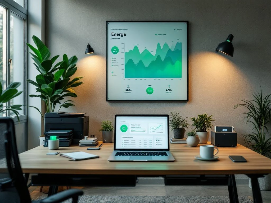 Een modern en duurzaam kantoor met energie monitoring op een laptop en scherm aan de muur, omringd door planten en LED-verlichting.