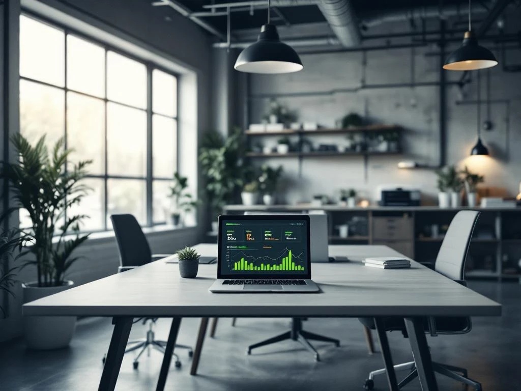 Een laptop met energiebesparingsstatistieken staat op een stijlvol bureau in een modern en duurzaam kantoor van Energy Check.