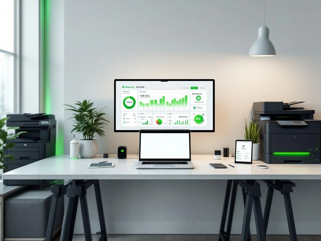 Een moderne, duurzame werkplek met Energy Check's energiemonitoringsoftware op het scherm, omgeven door technologie en planten.