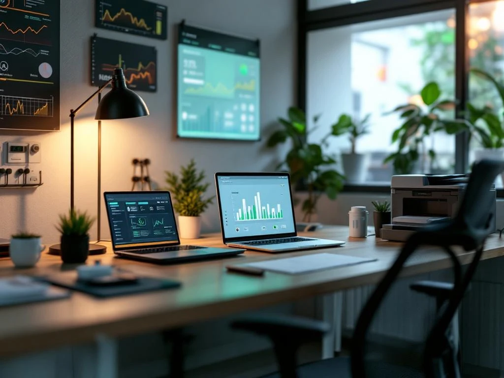 Moderne duurzame werkplek met energiemonitoring dashboards op laptops en muren in een kantooromgeving van Energy Check.