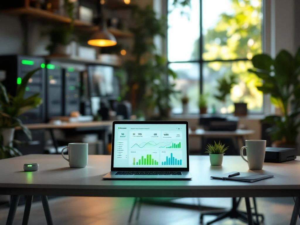 Een moderne, duurzame kantooromgeving van Energy Check met een laptop die energiemonitoring toont op een tafel omringd door planten.