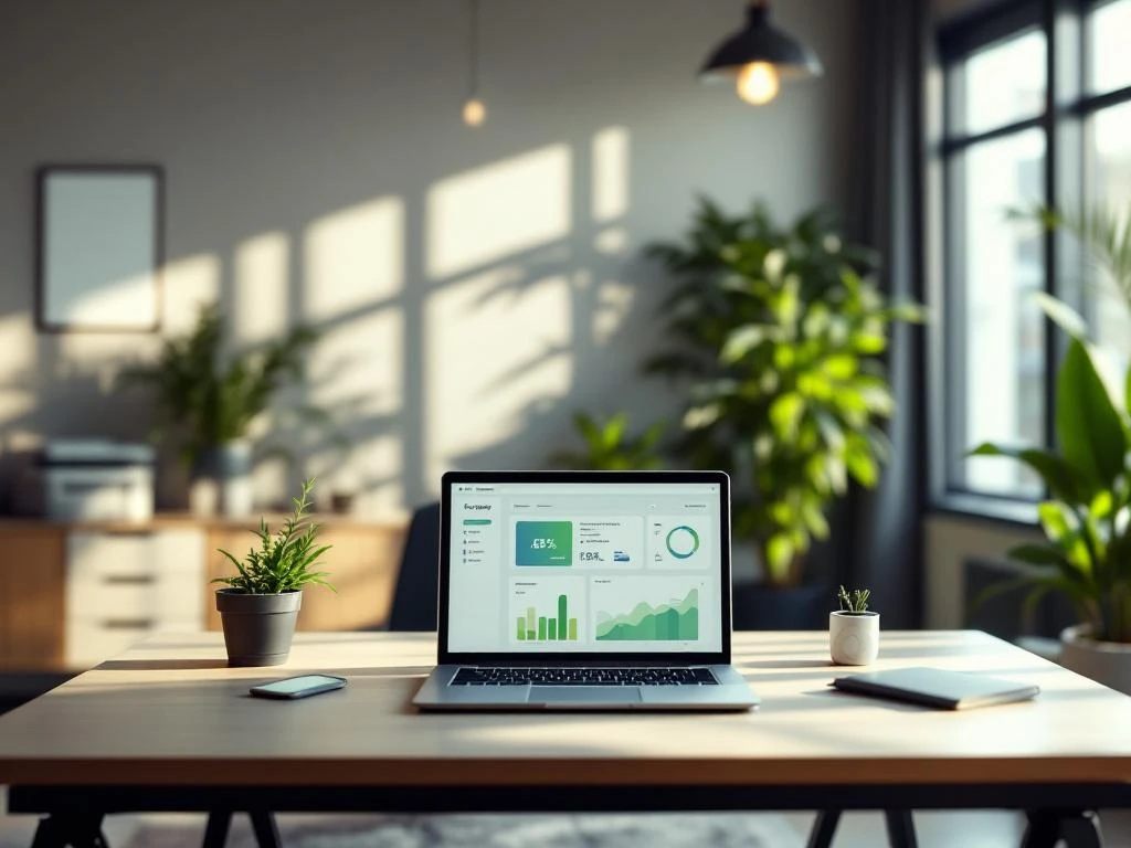 Een laptop op een bureau in een licht kantoor toont een duurzaamheidsdashboard van Energy Check, omgeven door kamerplanten.