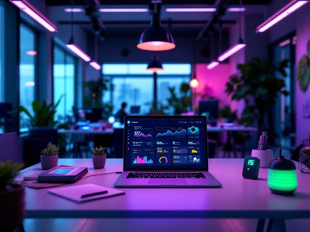 Een modern kantoor met een laptop waarop een energie-monitoring dashboard van Energy Check is weergegeven, omgeven door planten en gekleurde ledverlichting.