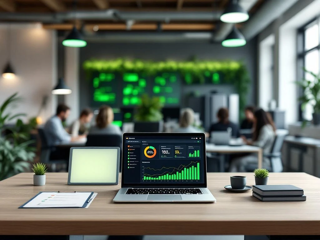 Een moderne kantoorruimte met een laptop waarop een energiemonitoringsdashboard te zien is, omringd door LED-verlichting en planten, wat een focus op duurzaamheid suggereert.