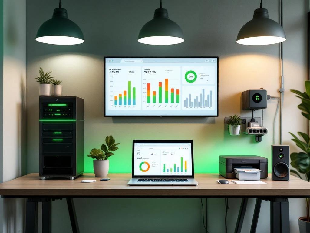 Een modern kantoor van Energy Check met energieverbruiksrapporten op een beeldscherm en laptop, omringd door duurzaamheidstechnologie.
