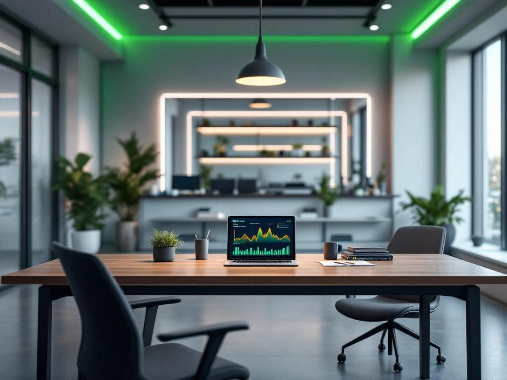 Een modern kantoor van Energy Check met een laptop op een tafel die energiedata weergeeft, omringd door groene accenten en planten voor een duurzame uitstraling.