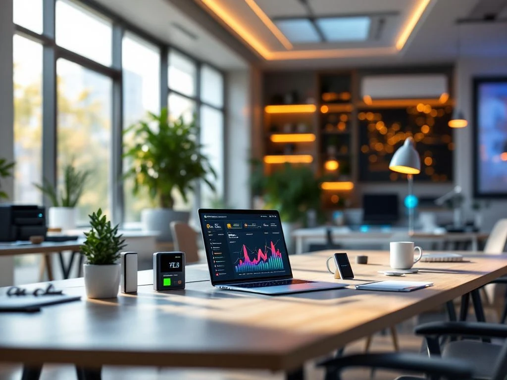 Een open kantoorruimte van Energy Check met een laptop en slimme meter die een energiemonitoring-dashboard tonen.