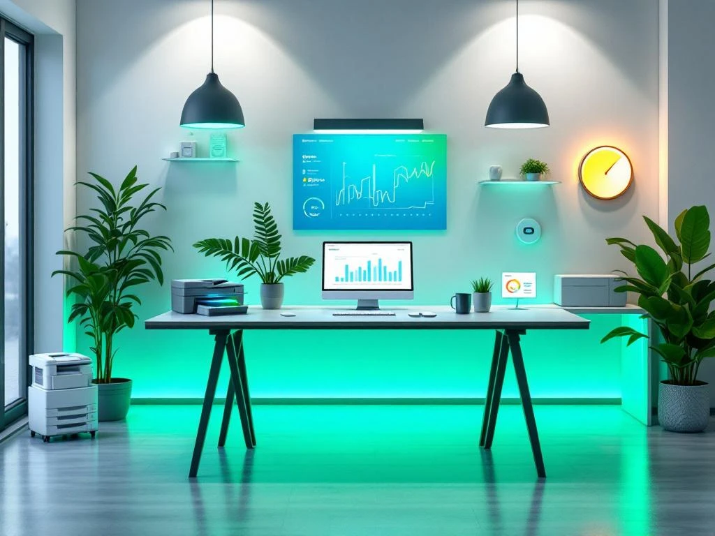 Modern kantoor met energieverbruiksmeter en dashboardmonitor van Energy Check, omringd door planten en strakke verlichting.
