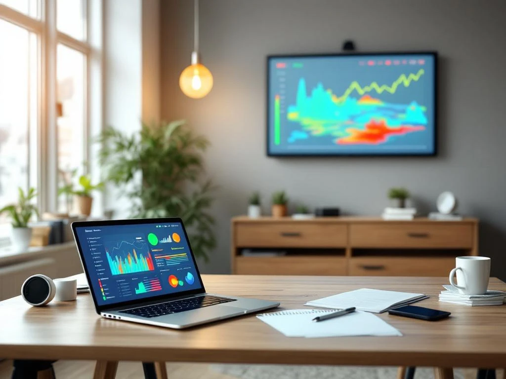 Een modern kantoor met een laptop en een groot scherm, beide met dashboardweergaven voor energie- en warmteverliesmonitoring, passend bij Energy Check.