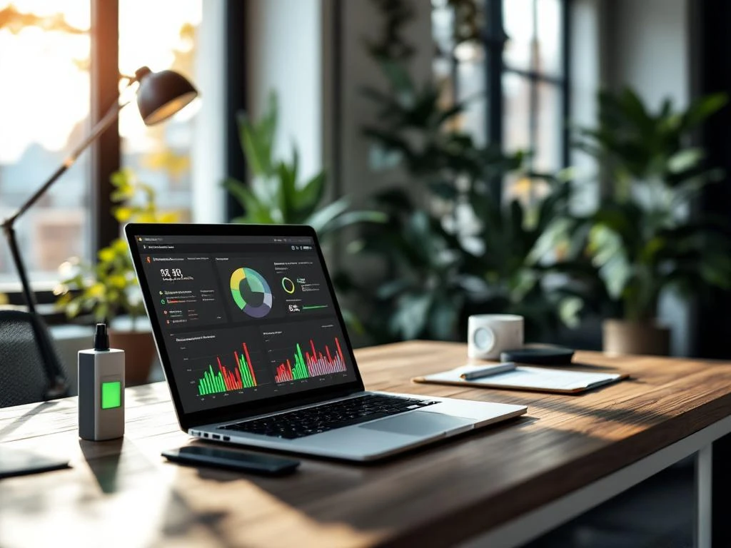 Een moderne kantooromgeving met een laptop op een bureau, waarop energieverbruik wordt gevisualiseerd via een dashboard van Energy Check, omgeven door groene planten en zonlicht.