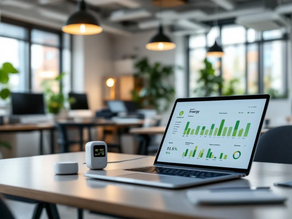 Moderne kantoorruimte met een laptop waarop het Energy Check dashboard te zien is voor efficiënte energiemonitoring.
