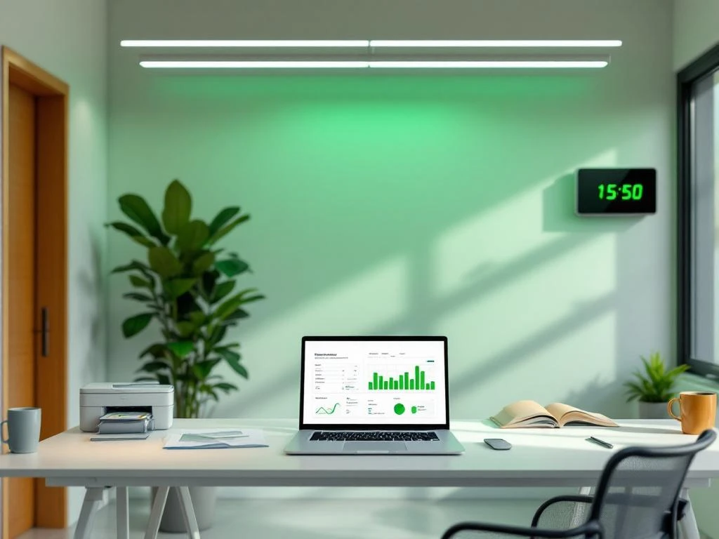 Een moderne kantoorruimte met een laptop die het duurzaamheidsdashboard van Energy Check toont, omringd door een plant, bureautoebehoren en een digitale klok.