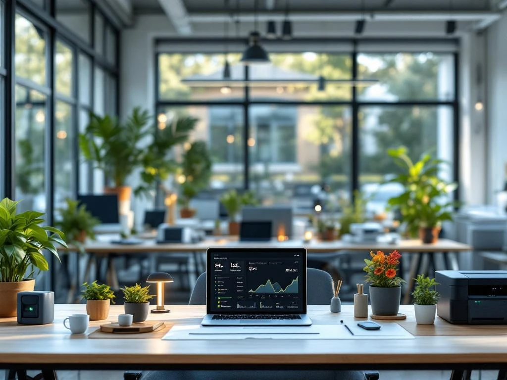Een laptop met energieverbruiksanalyse van Energy Check op een bureau in een moderne, duurzame kantoorruimte met veel planten.