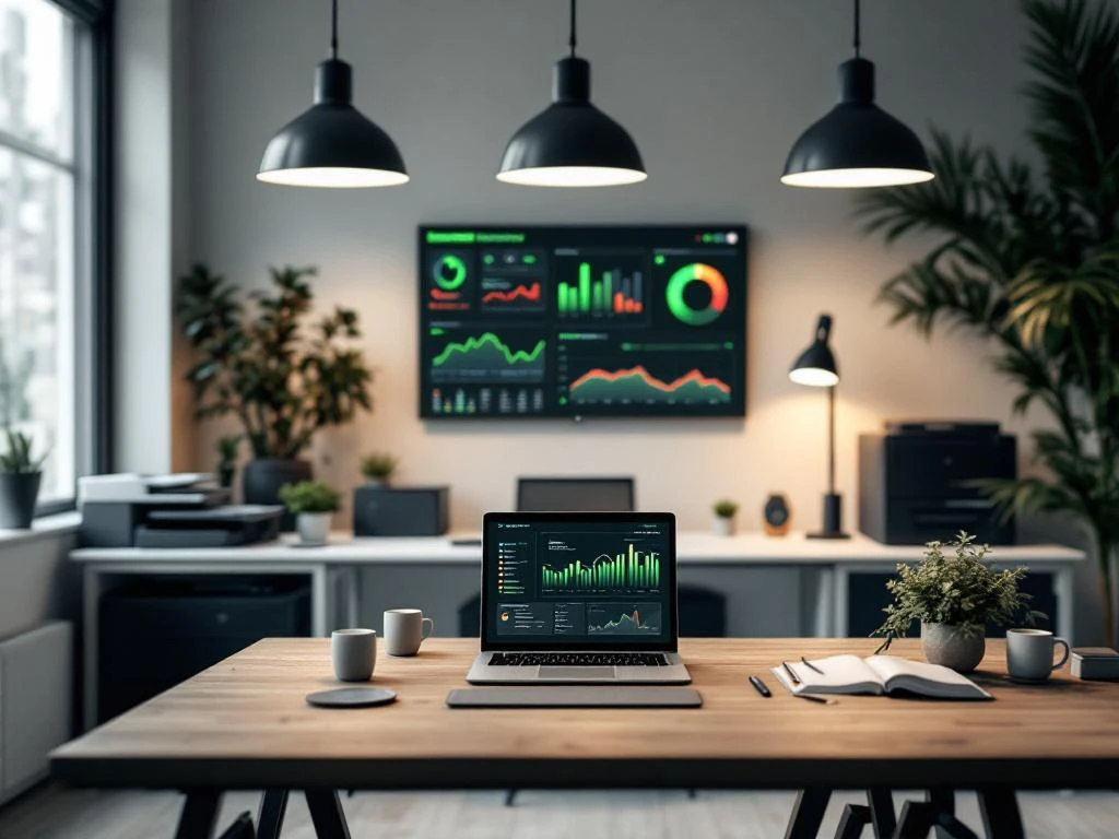 Een modern ingerichte kantoorruimte met een laptop en groot scherm waarop energiemonitoring-dashboard van Energy Check zichtbaar is, omringd door planten en kantoorapparatuur.