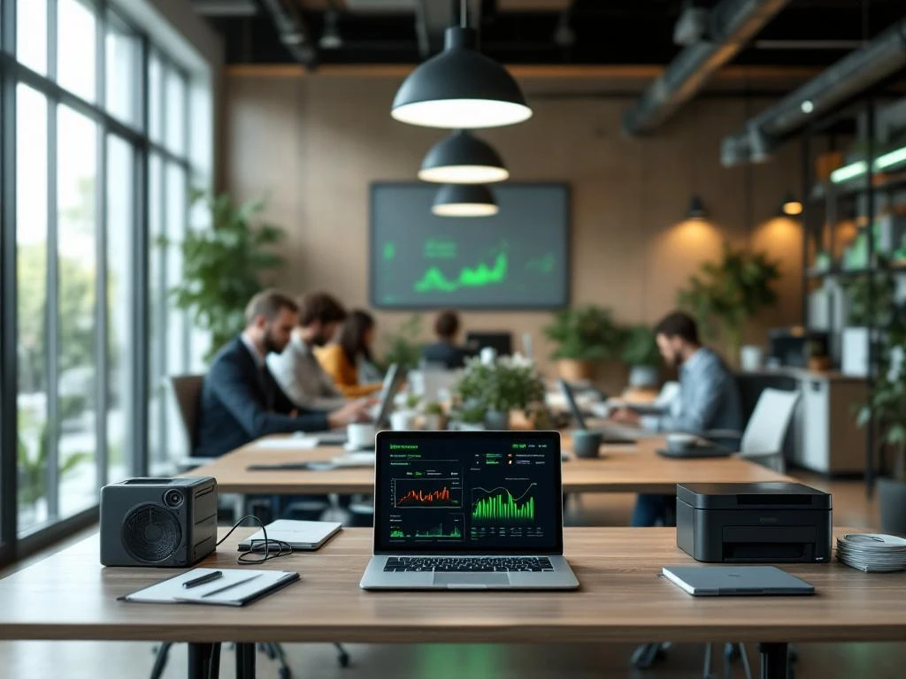 Een modern kantoor van Energy Check met een laptop die een duurzaam energiedashboard toont.
