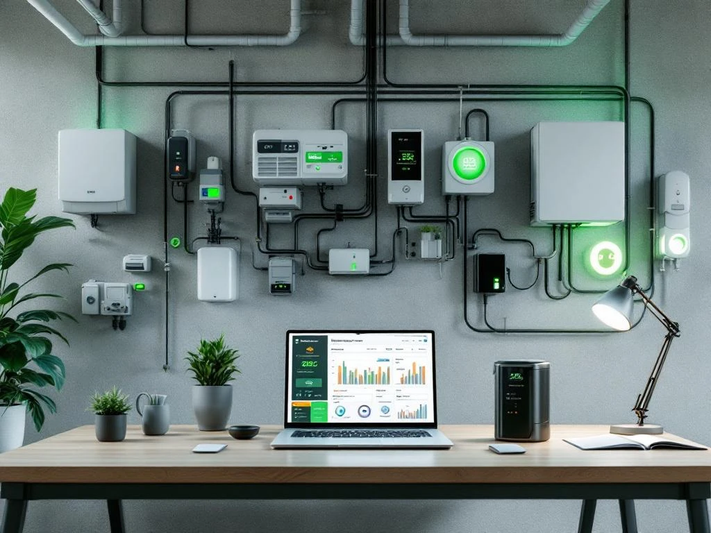 Een modern kantoor met een Energy Check dashboard op een laptop, omgeven door energiemanagementapparatuur en een groen verlichte omgeving voor efficiënte gebouwbeheer.