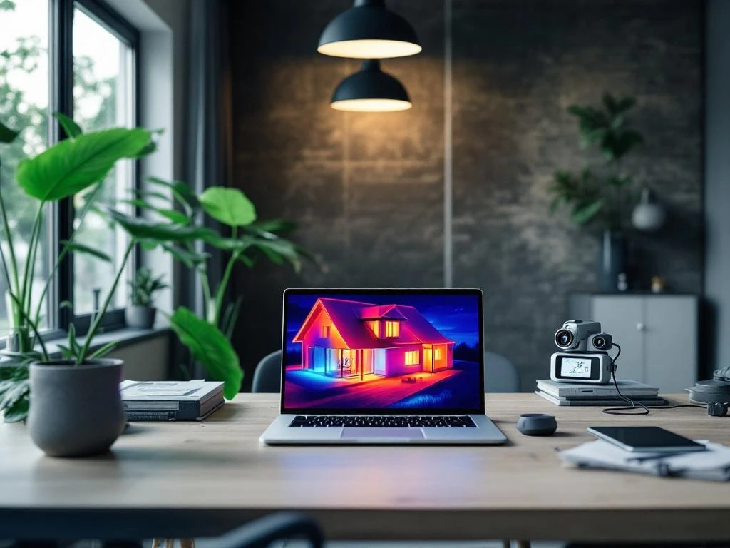 Een laptop met een thermisch beeld van een huis weergegeven op het scherm staat op een bureau in een modern kantoor, omringd door planten en kantoorartikelen, passend bij Energy Check's focus op energiemonitoring en isolatie.
