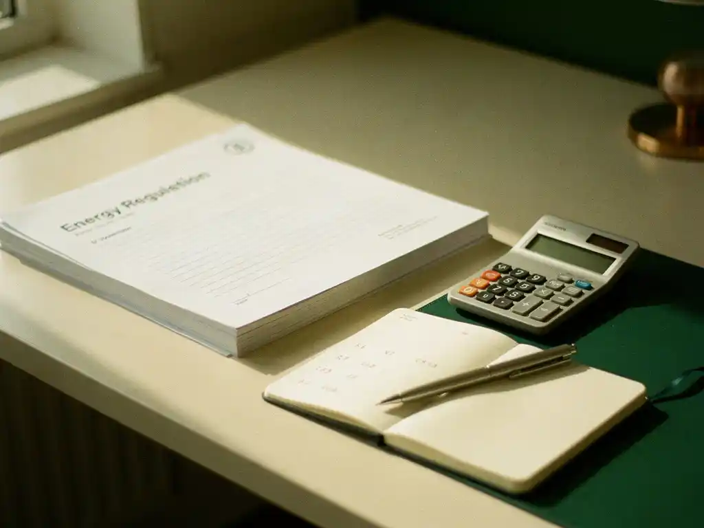 Bureau met energieregelgeving document, rekenmachine en notitieboek met kostencijfers in warm natuurlijk licht.