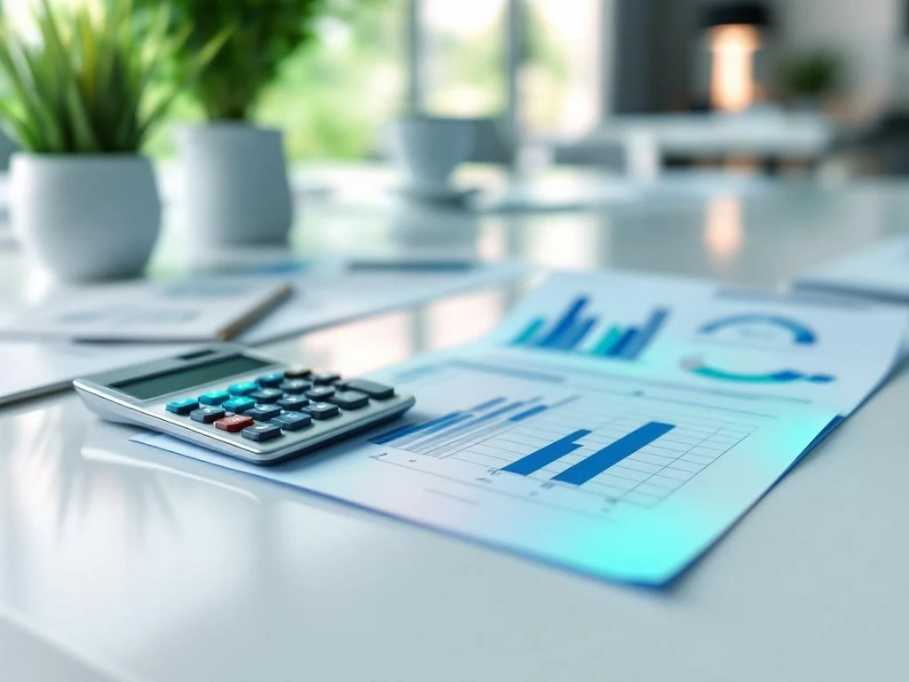 Een calculator en grafieken liggen op een bureau voor kostenanalyse bij Energy Check.