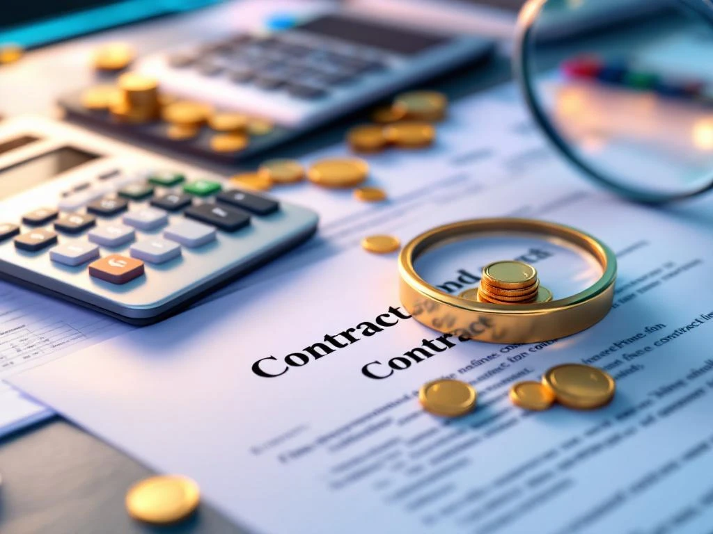 Een contract met een vergrootglas, munten en een rekenmachine symboliseren de verborgen kosten op energierekeningen bij Energy Check.