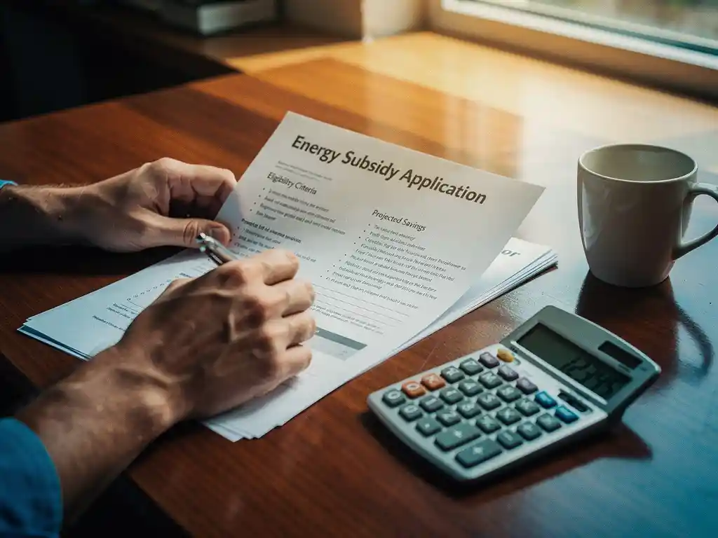 Een persoon vult een aanvraagformulier in voor energiesubsidie, liggend op een bureau met een rekenmachine en een kop koffie, wat relevant is voor kleine ondernemers volgens Energy Check.