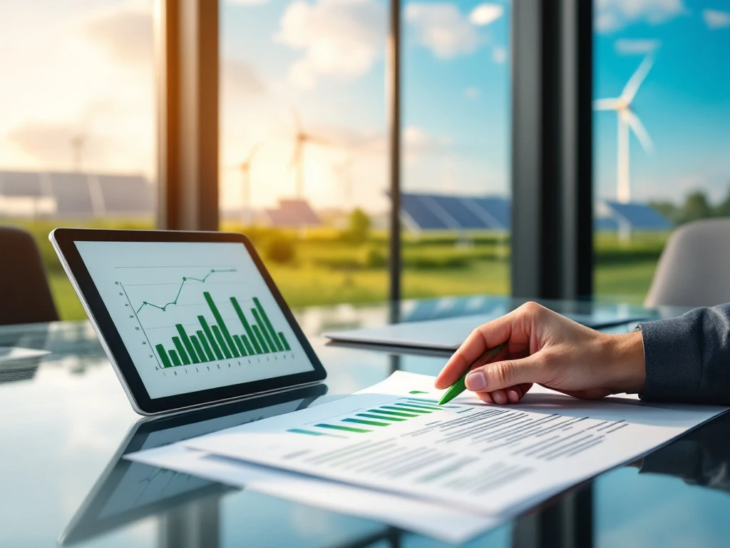 Een zakelijke kantooromgeving met documenten en tablet met grafieken over energiesubsidies, met op de achtergrond zonne- en windenergie-installaties van Energy Check.