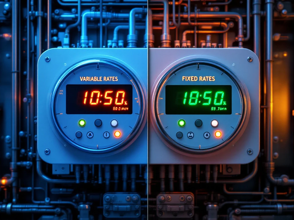 Een afbeelding van twee energiemeters die variabele en vaste tarieven vergelijken, met verlichte displays en pijpleidingen op de achtergrond.