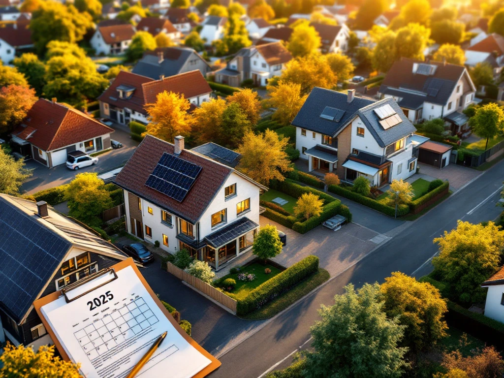 Luchtfoto van een Nederlandse woonwijk met zonnepanelen op daken, en een kalender met het jaar 2025.