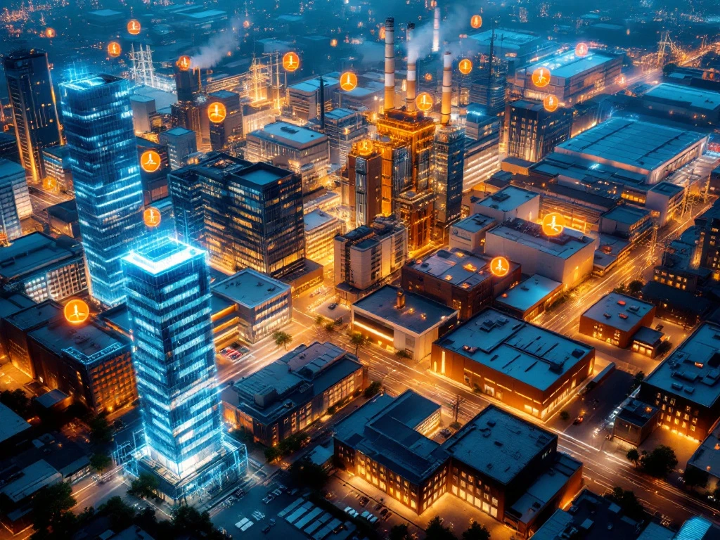 Luchtfoto van een stad bij nacht met visuele iconen die het energieverbruik per bedrijfssector aangeven voor Energy Check.