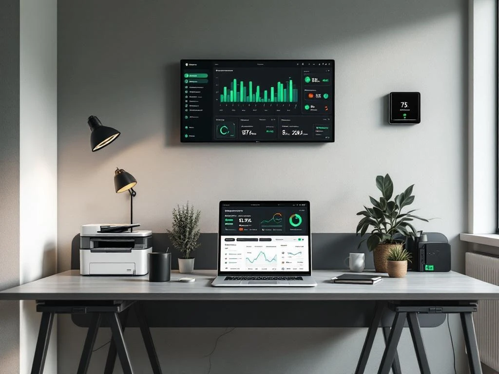 Een modern kantoor met een computer en schermen die het energieverbruik tonen, waaronder een Energy Check-dashboard voor duurzaamheid.