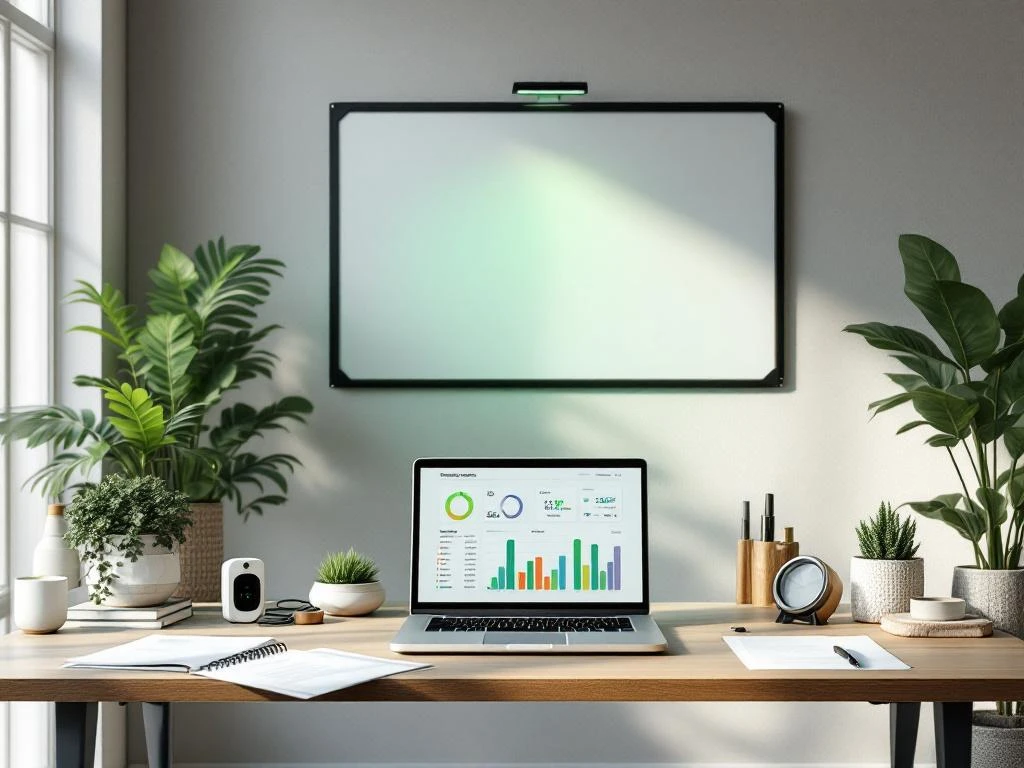 Een moderne kantoorruimte met planten en een bureau waarop een laptop met een energieverbruikdashboard, dat duurzaamheidstrends toont, staat uitgestald.