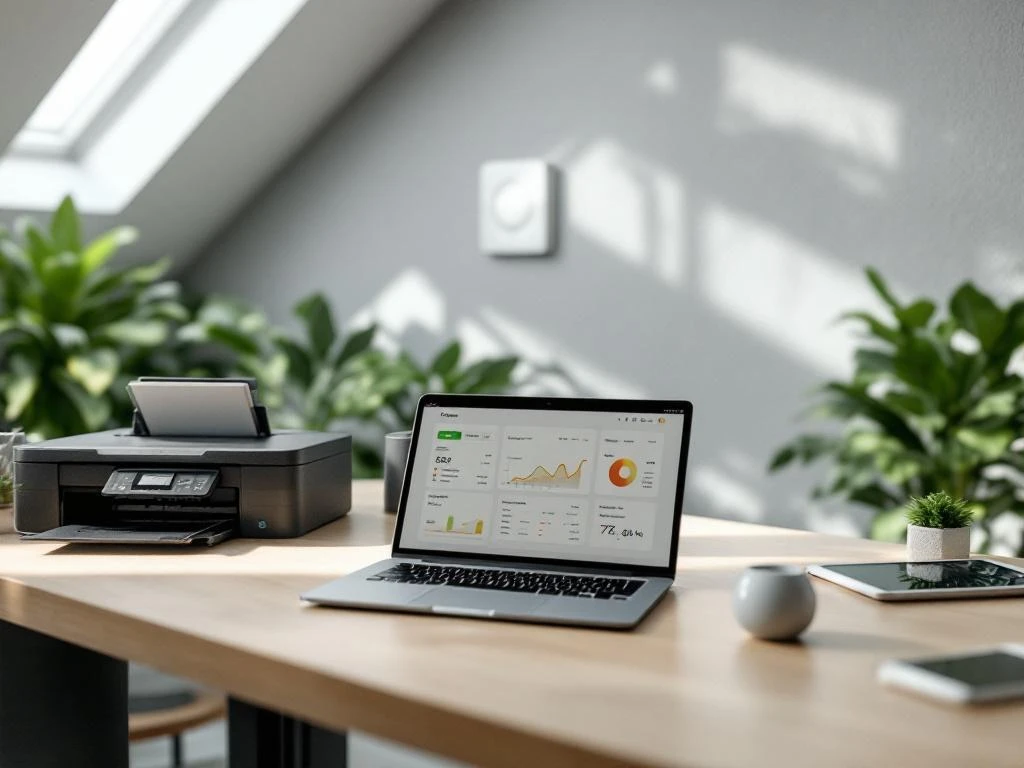 Laptop en printer op een kantoor met een open dashboard voor duurzaam energieverbruik van Energy Check, omringd door groene planten.