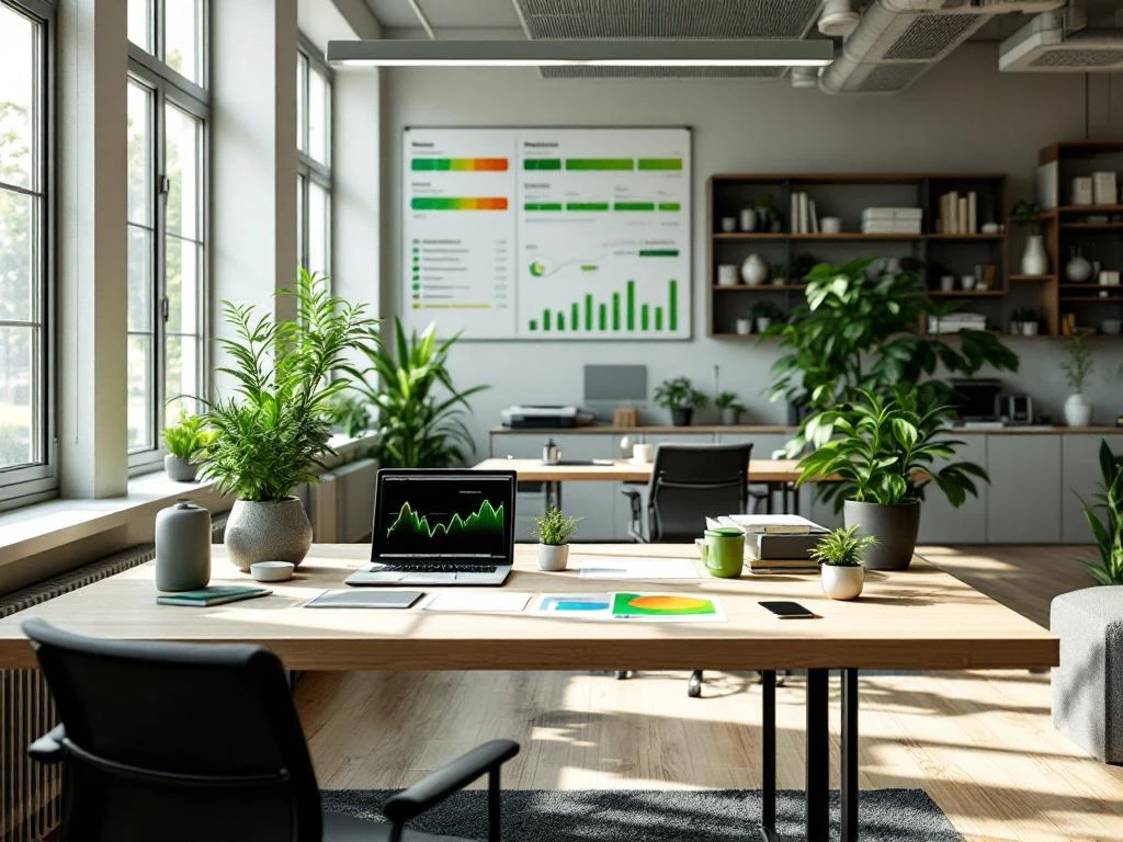 Een modern kantoor met planten en bureau's waarop het energieverbruik wordt gemonitord via dashboards op laptops en aan de muur.